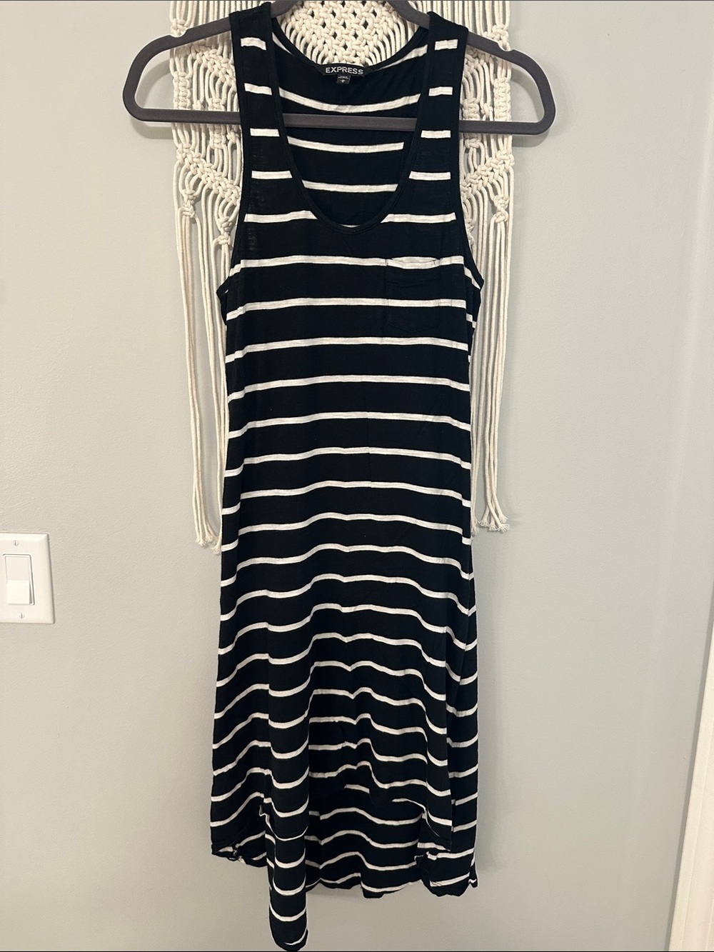 Express Black and White Striped Midi Tank Dress with Scoop Neck